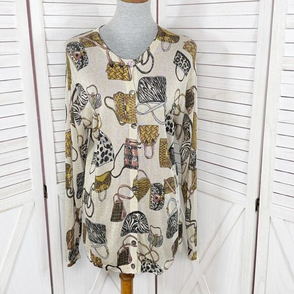 XXist Shimmer Purses Print Button Up Cardigan Sweater Gold Tan Multi Large - Picture 2 of 13